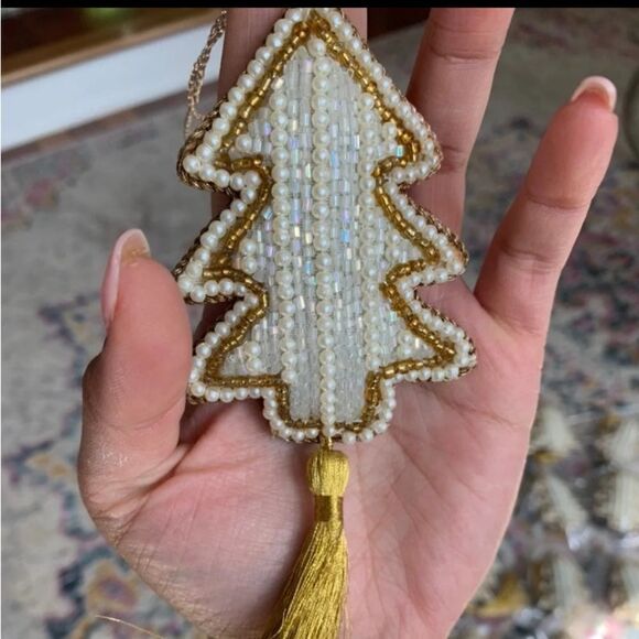 Set of 5 Gold/White Beaded Christmas Tree Holiday Ornaments - Picture 2 of 9